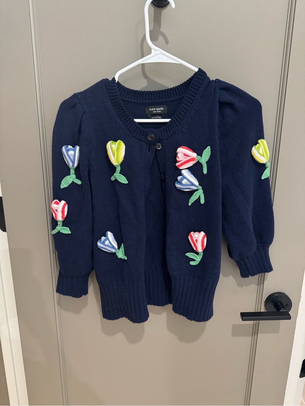 kate spade navy knit cardigan with multicolor floral appliqués